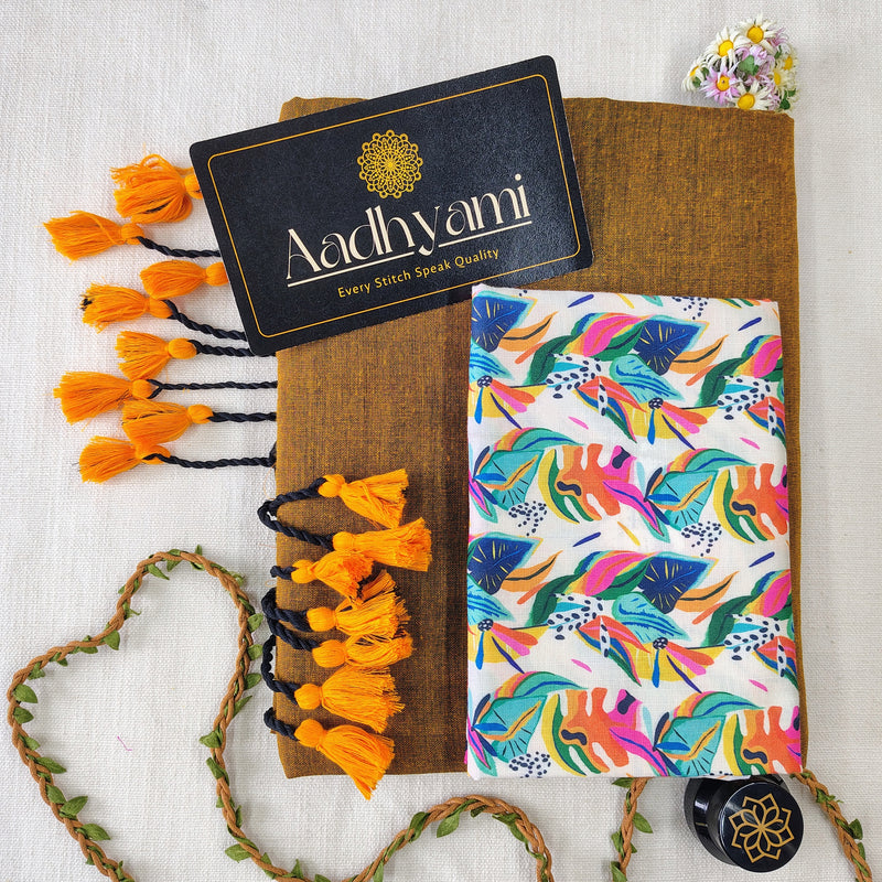 Golden Handloom Cotton Saree With Designer Blouse