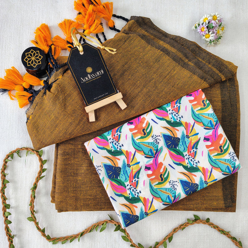 Golden Handloom Cotton Saree With Designer Blouse