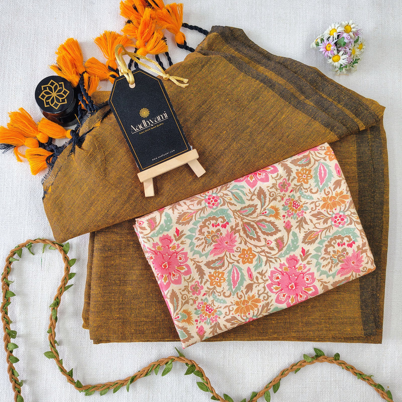 Golden Handloom Cotton Saree With Designer Blouse