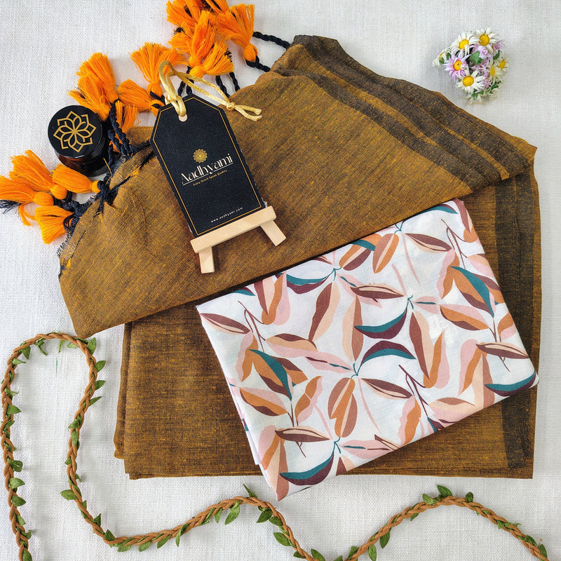 Golden Handloom Cotton Saree With Designer Blouse