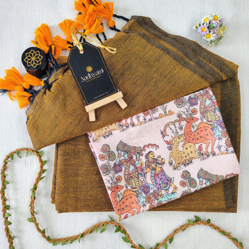 Golden Handloom Cotton Saree With Designer Blouse