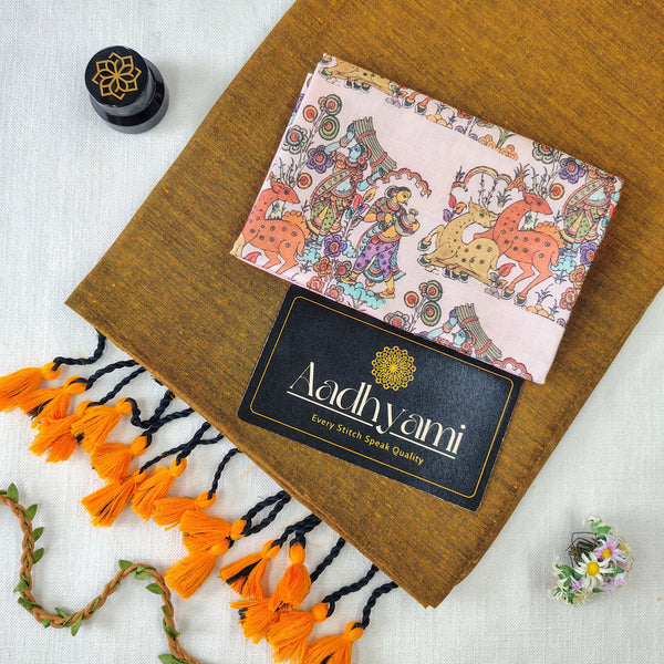 Golden Handloom Cotton Saree With Designer Blouse