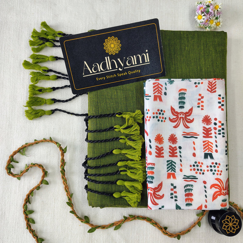 Green Handloom Cotton Saree With Designer Blouse