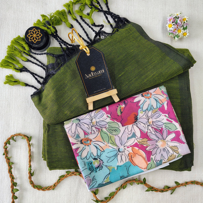 Green Handloom Cotton Saree With Designer Blouse