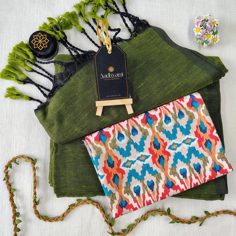 Green Handloom Cotton Saree With Designer Blouse