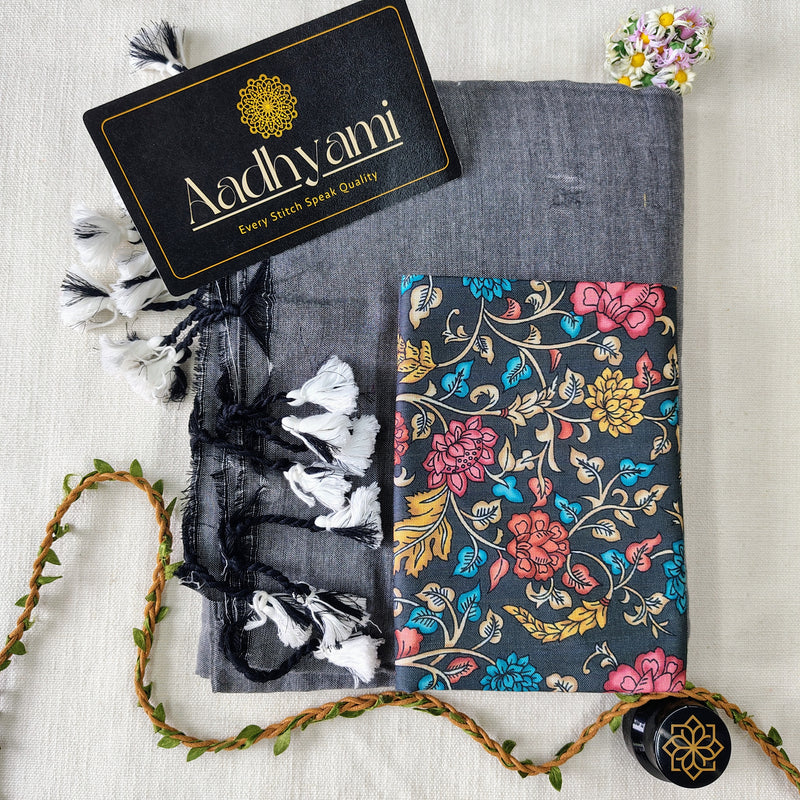 Light Grey Handloom Cotton Saree With Designer Blouse