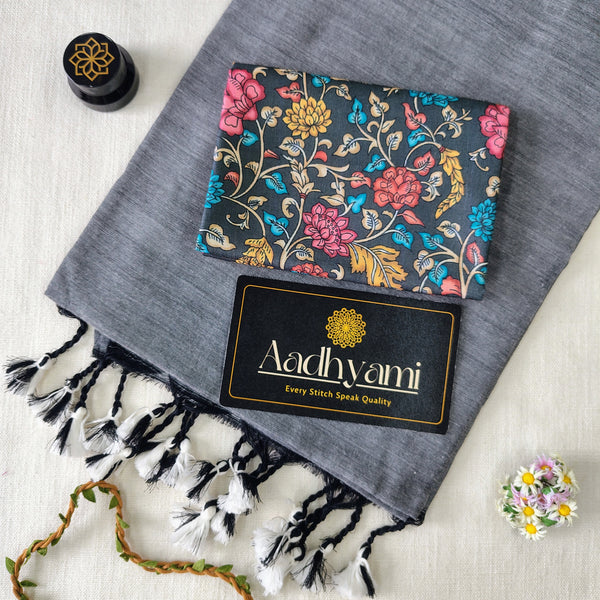 Light Grey Handloom Cotton Saree With Designer Blouse