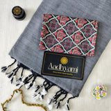 Light Grey Handloom Cotton Saree With Designer Blouse