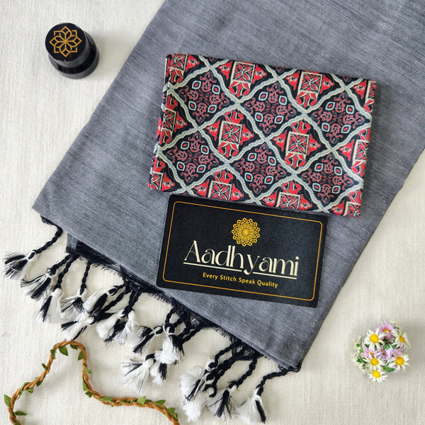 Light Grey Handloom Cotton Saree With Designer Blouse