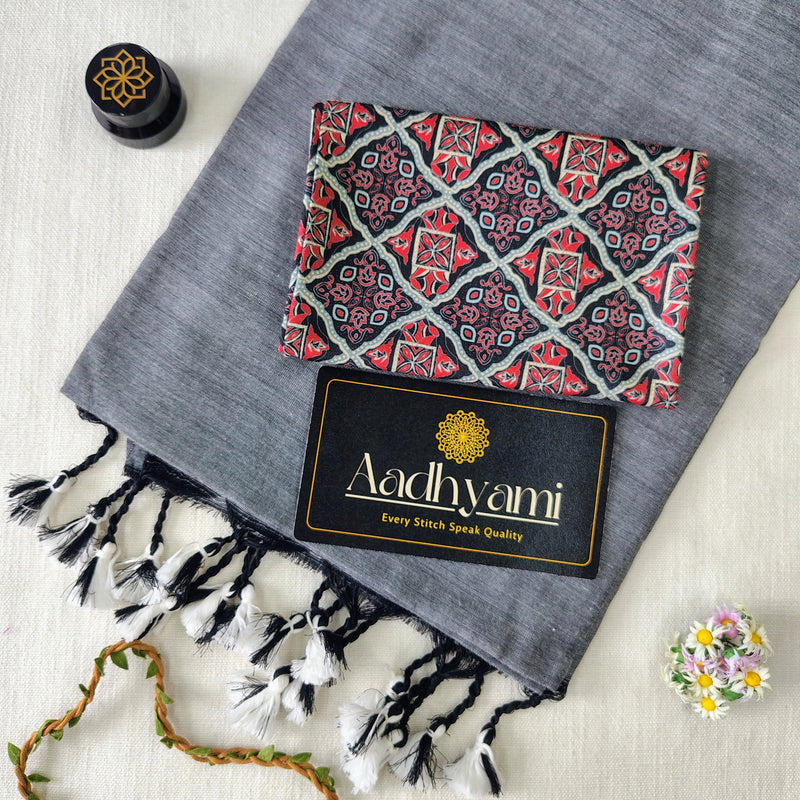 Light Grey Handloom Cotton Saree With Designer Blouse