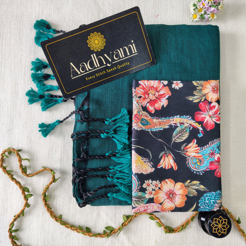 Rama Handloom Cotton Saree With Designer Blouse