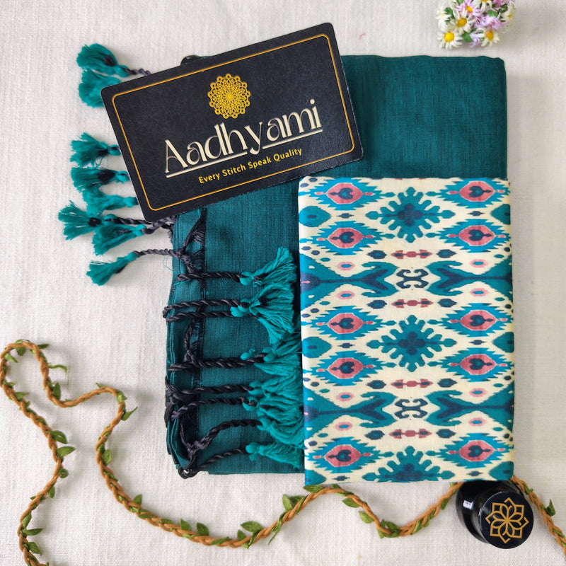 Rama Handloom Cotton Saree With Designer Blouse