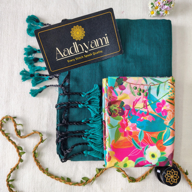 Rama Handloom Cotton Saree With Designer Blouse