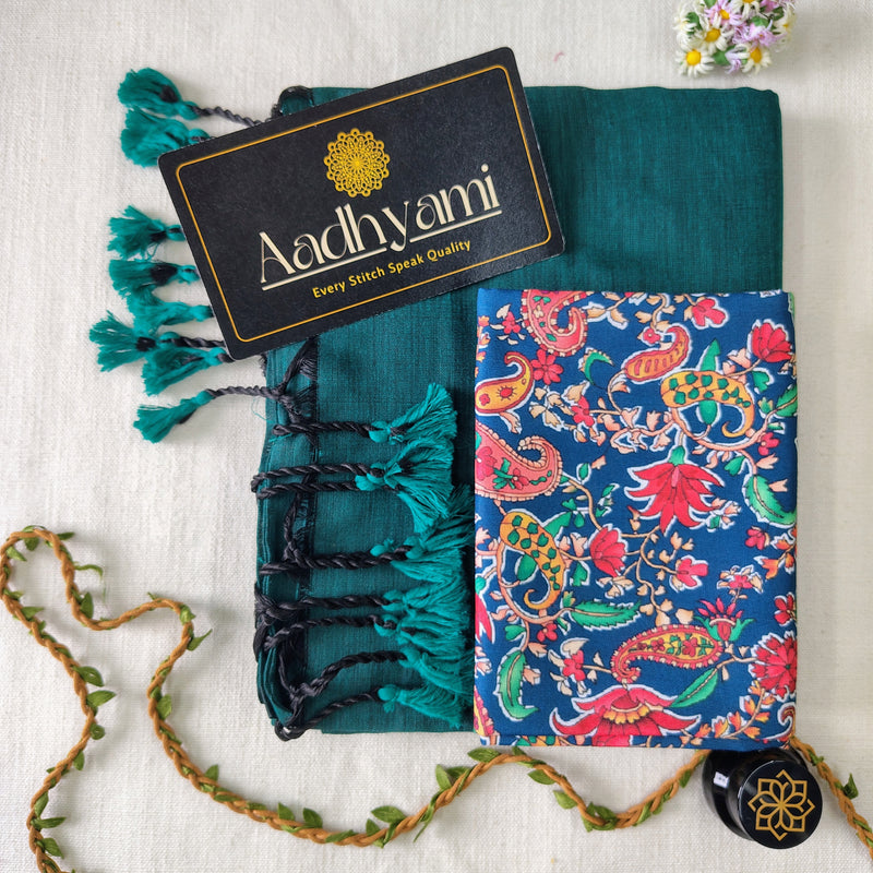 Rama Handloom Cotton Saree With Designer Blouse