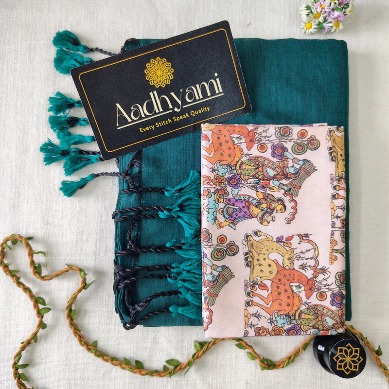 Rama Handloom Cotton Saree With Designer Blouse