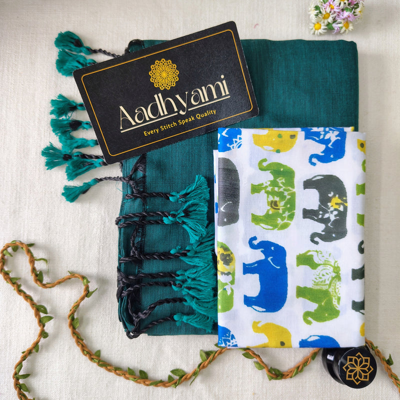 Rama Handloom Cotton Saree With Designer Blouse