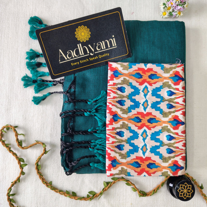 Rama Handloom Cotton Saree With Designer Blouse