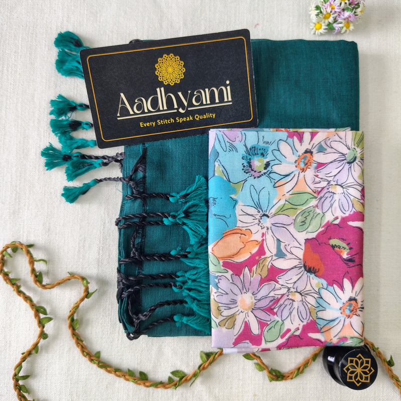 Rama Handloom Cotton Saree With Designer Blouse