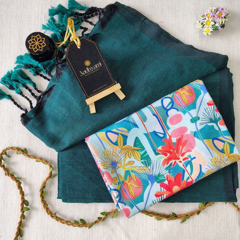 Rama Handloom Cotton Saree With Designer Blouse