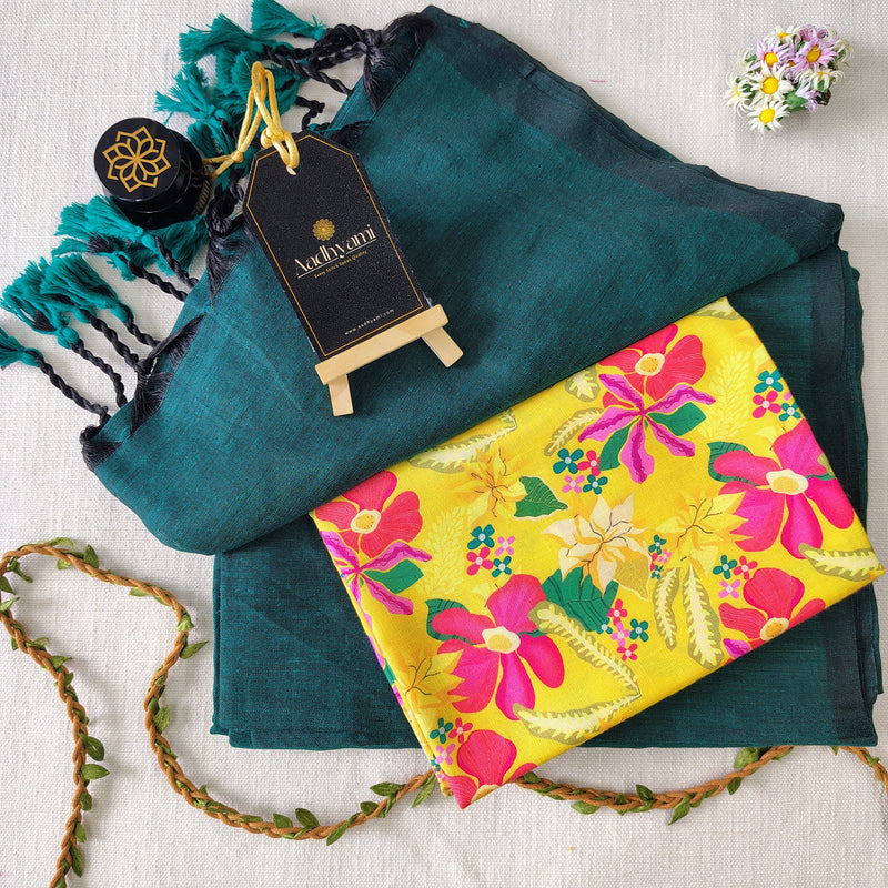 Rama Handloom Cotton Saree With Designer Blouse