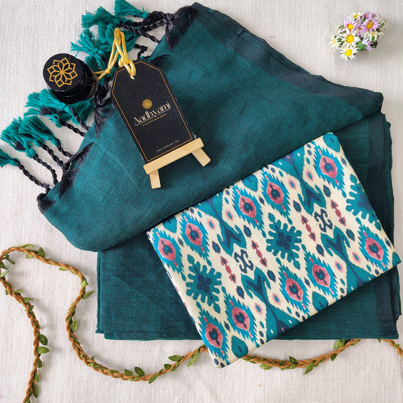 Rama Handloom Cotton Saree With Designer Blouse