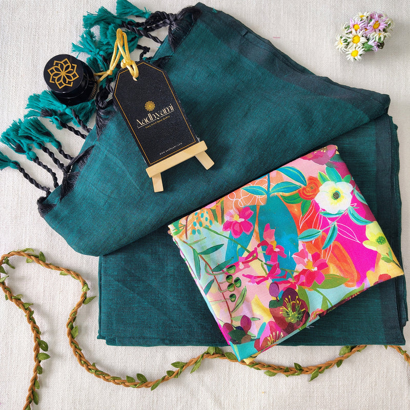 Rama Handloom Cotton Saree With Designer Blouse