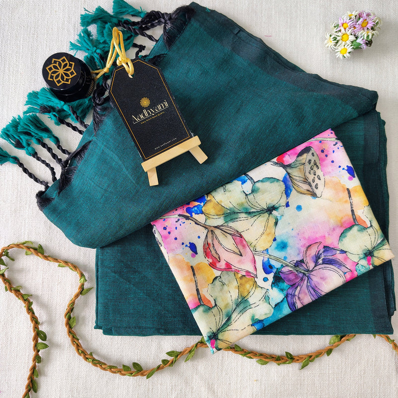 Rama Handloom Cotton Saree With Designer Blouse