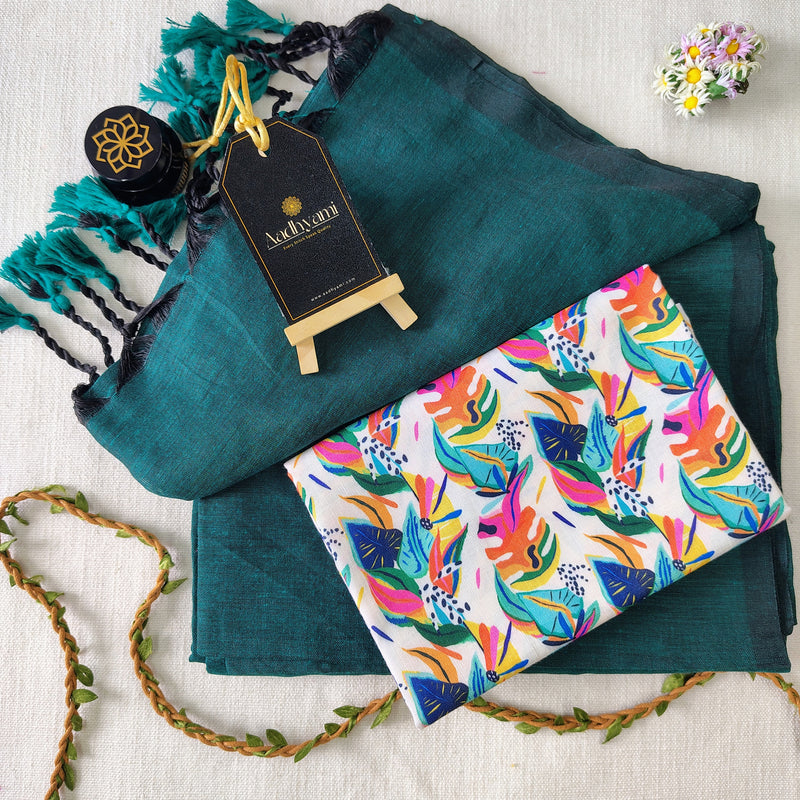 Rama Handloom Cotton Saree With Designer Blouse