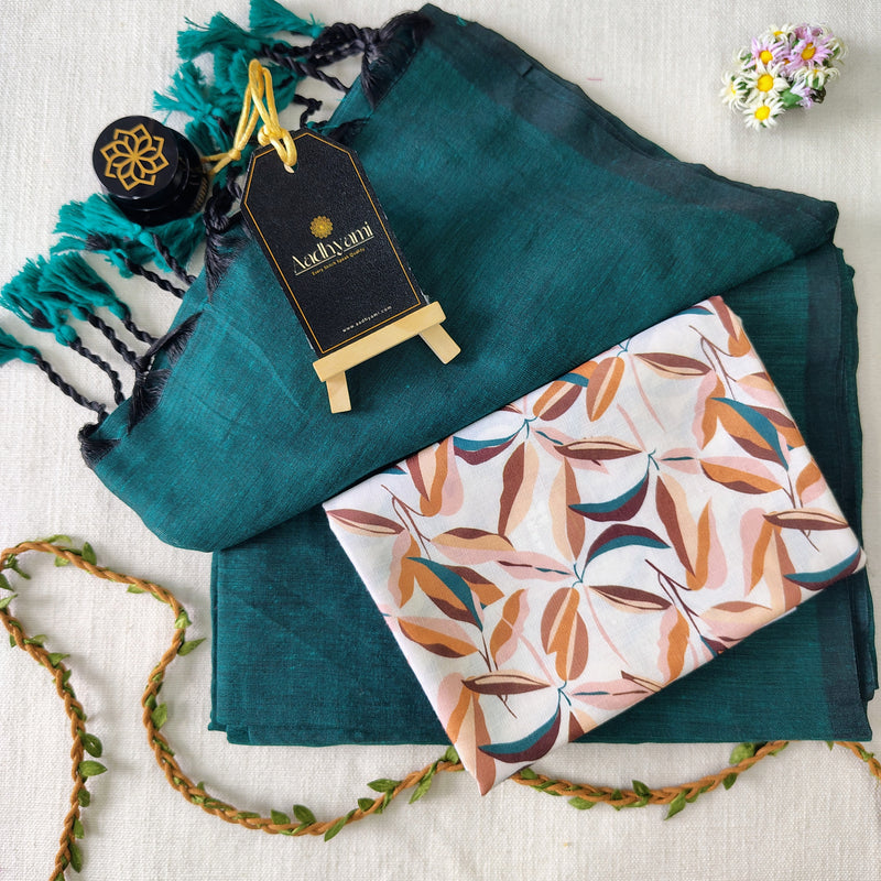 Rama Handloom Cotton Saree With Designer Blouse