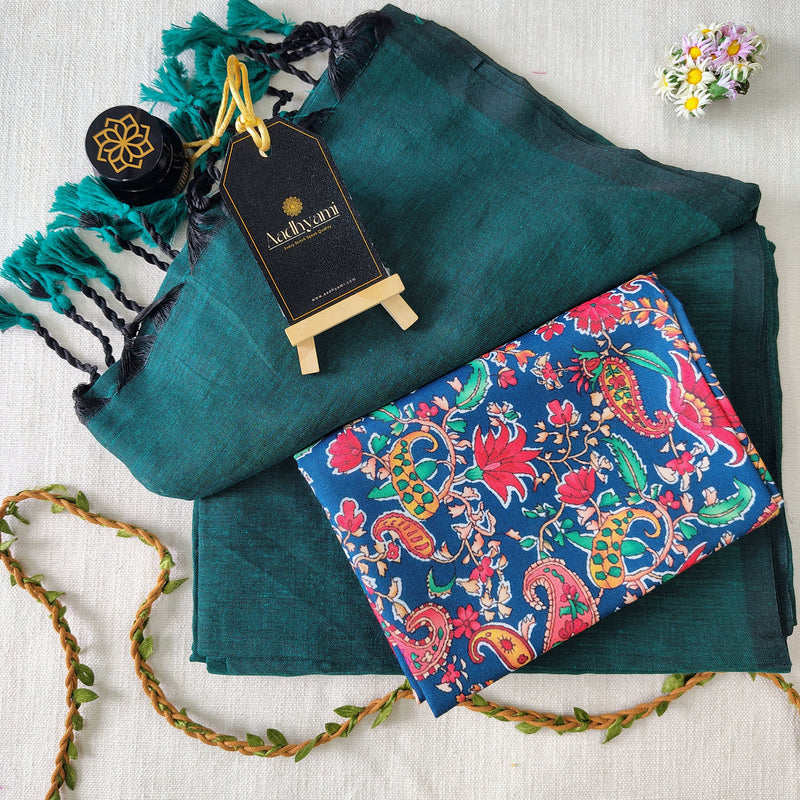 Rama Handloom Cotton Saree With Designer Blouse