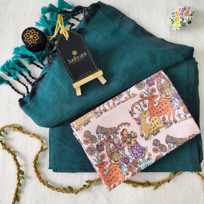 Rama Handloom Cotton Saree With Designer Blouse