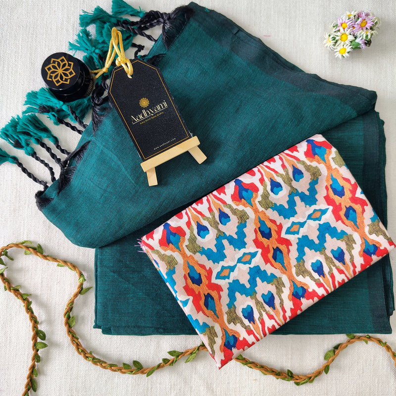 Rama Handloom Cotton Saree With Designer Blouse