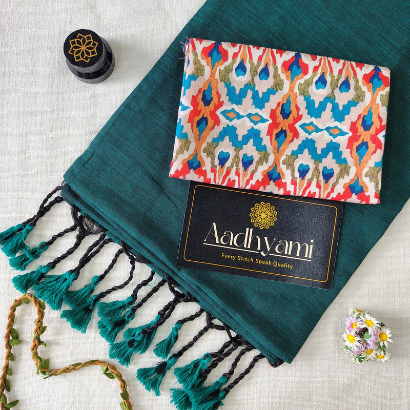 Rama Handloom Cotton Saree With Designer Blouse