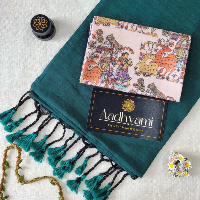 Rama Handloom Cotton Saree With Designer Blouse