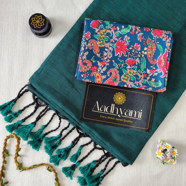 Rama Handloom Cotton Saree With Designer Blouse