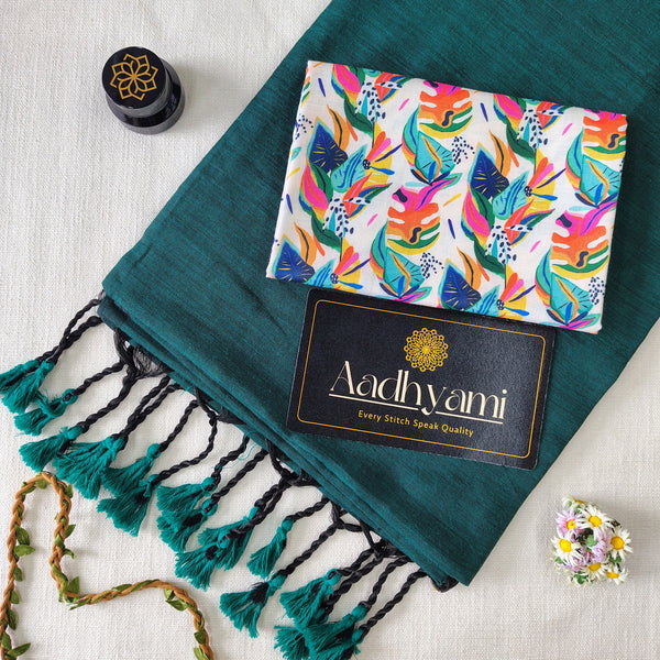 Rama Handloom Cotton Saree With Designer Blouse