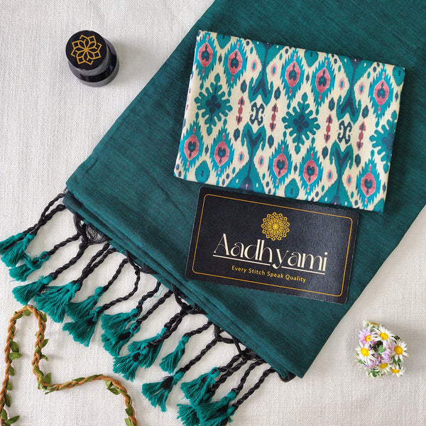 Rama Handloom Cotton Saree With Designer Blouse