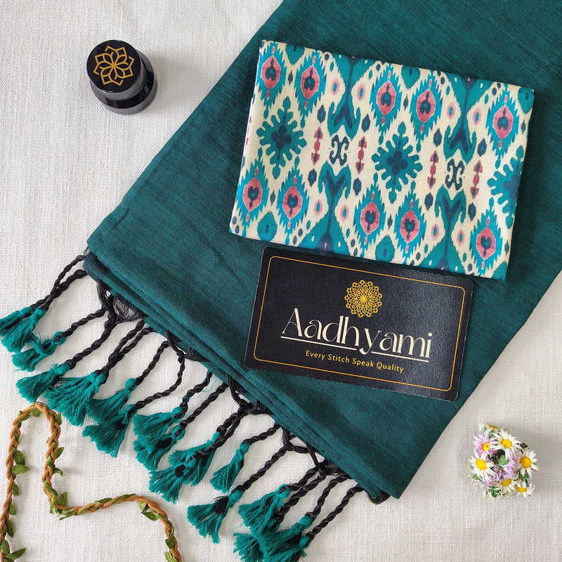 Rama Handloom Cotton Saree With Designer Blouse