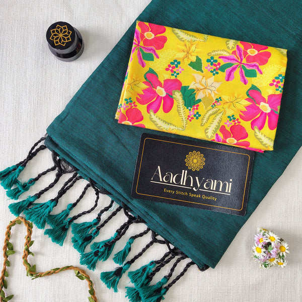 Rama Handloom Cotton Saree With Designer Blouse