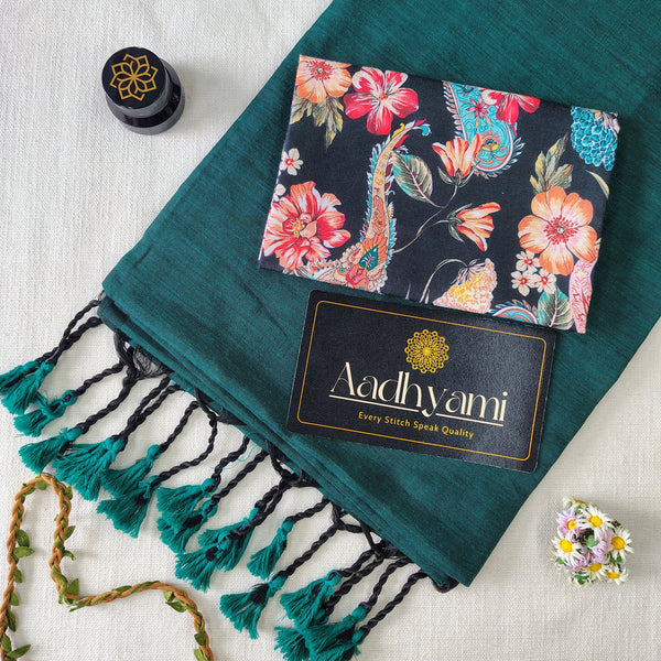 Rama Handloom Cotton Saree With Designer Blouse