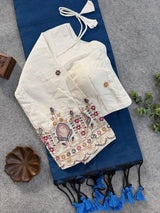 Firozi Khadi Cotton Saree With Embrodery Work Stitched Blouse