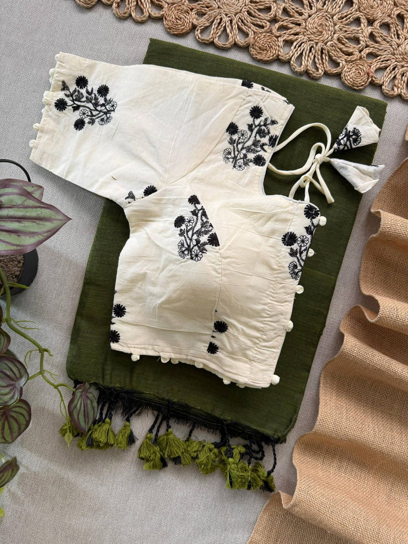 Green Khadi Cotton Saree With Embrodery Work Stitched Blouse