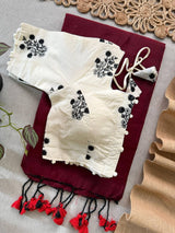 Maroon Khadi Cotton Saree With Embrodery Work Stitched Blouse