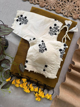 Olive green Khadi Cotton Saree With Embrodery Work Stitched Blouse