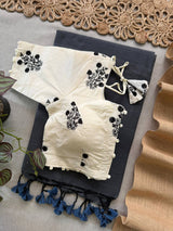 Grey Khadi Cotton Saree With Embrodery Work Stitched Blouse