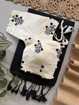 Black Khadi Cotton Saree With Embrodery Work Stitched Blouse