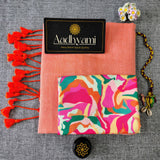 Peach Handloom Cotton Saree With Artistic Printed Blouse