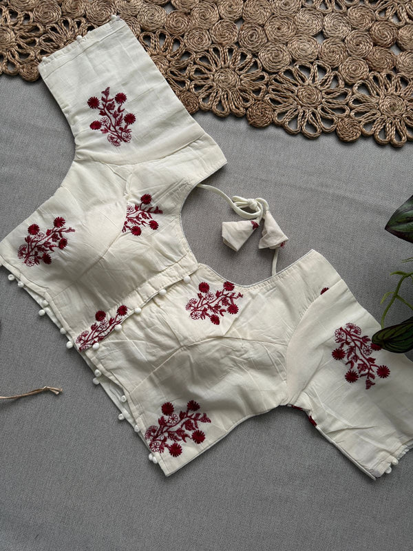 Maroon Khadi Cotton Saree With Embrodery Work Stitched Blouse