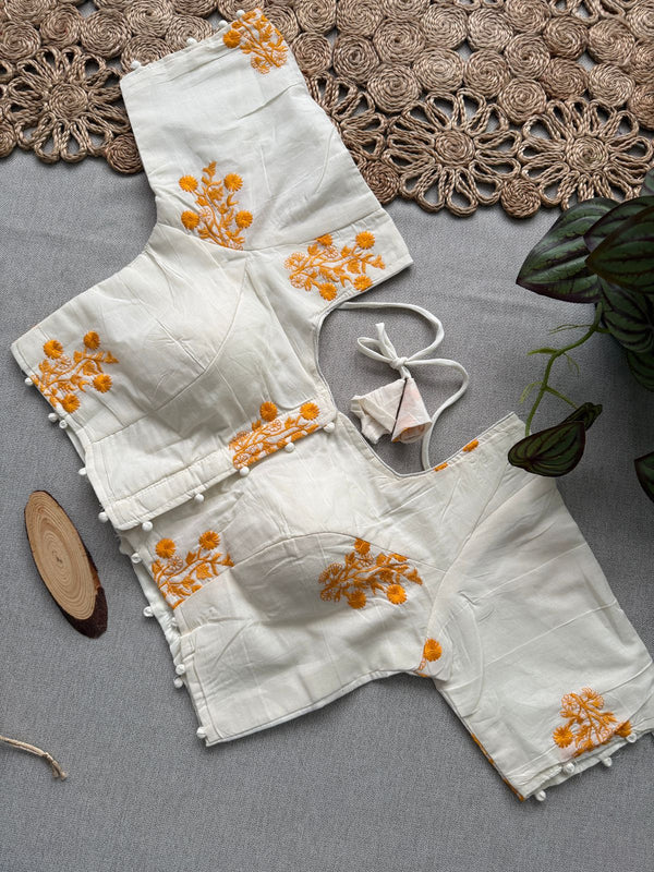 Orange Khadi Cotton Saree With Embrodery Work Stitched Blouse