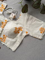 Orange Khadi Cotton Saree With Embrodery Work Stitched Blouse